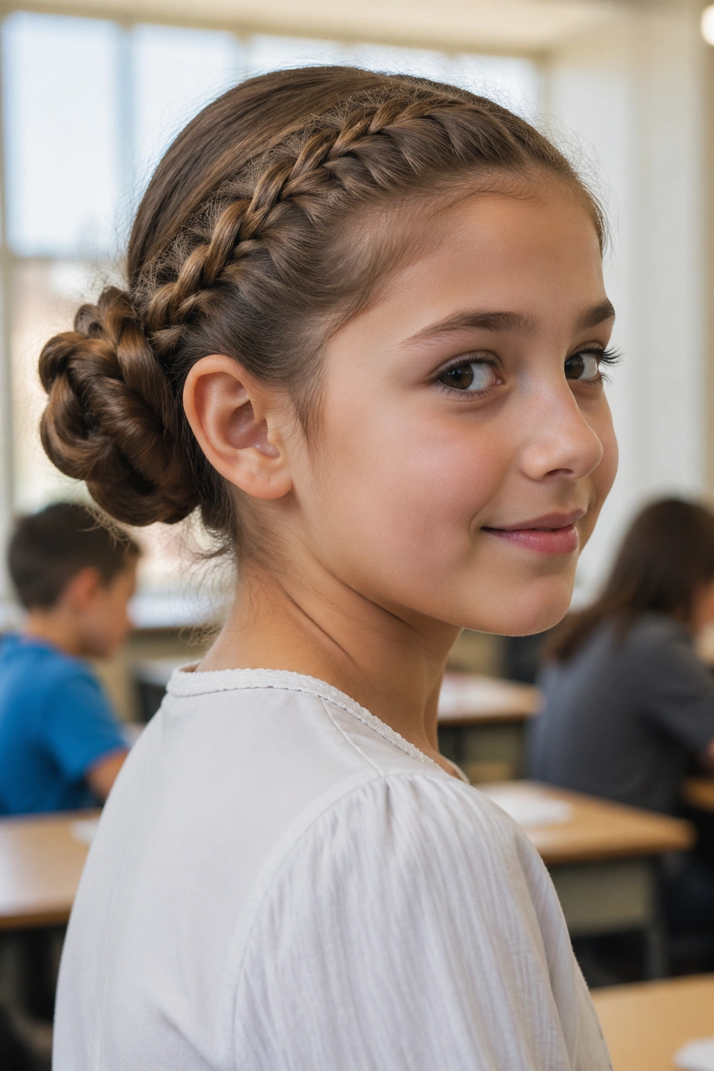 Close-up portrait of a girl with a braided bun at the back