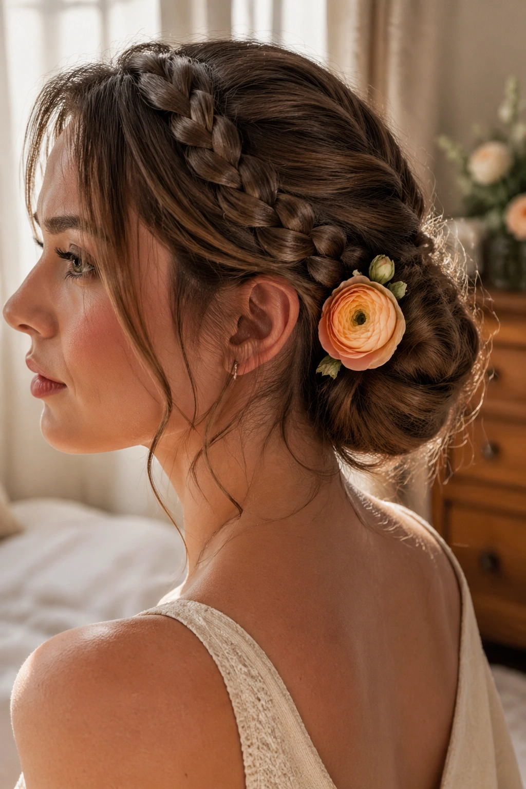 Close-up of a real woman with a braided low bun and ranunculus at the bun rim, soft window light.