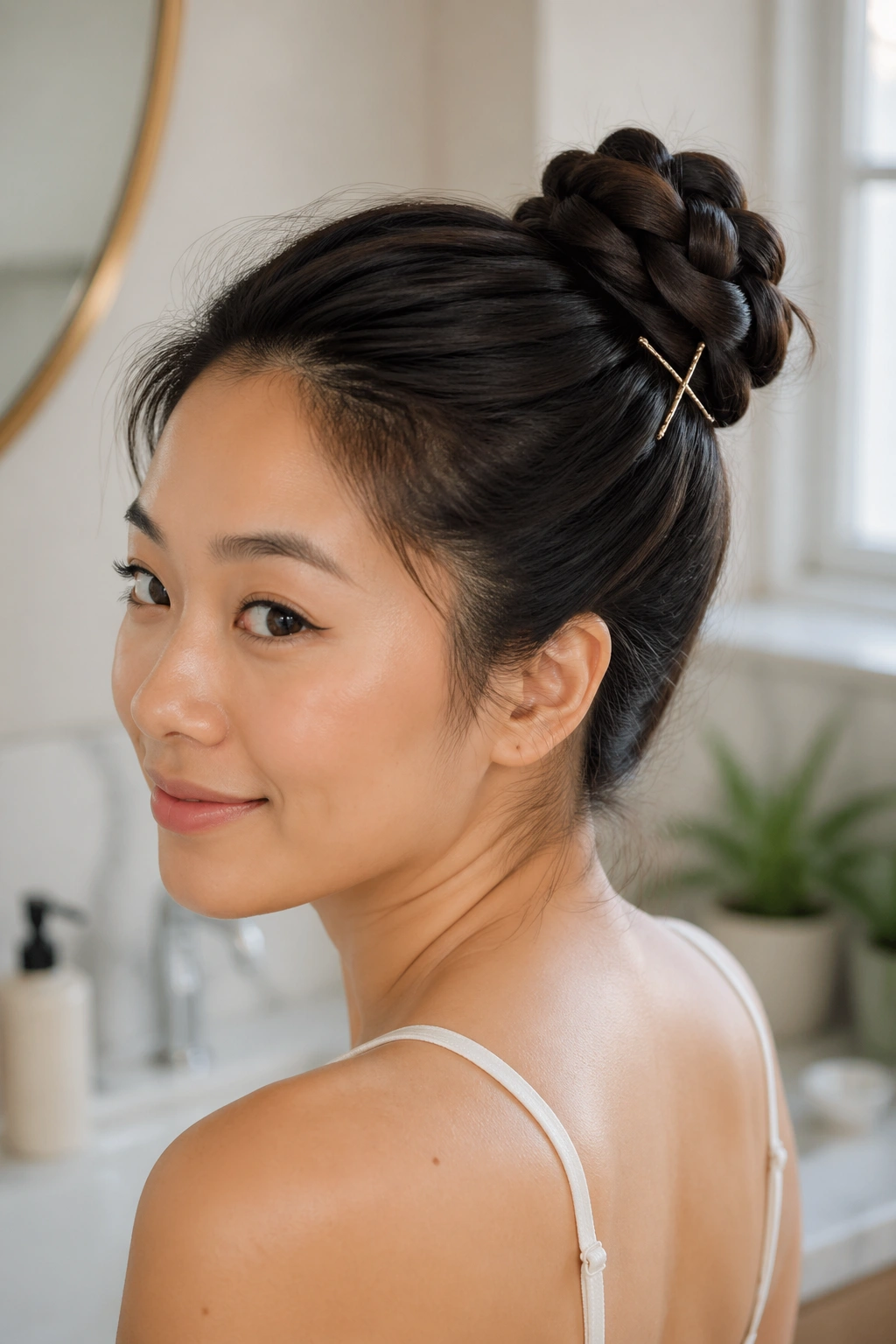 Close-up of a braided bun on a real woman's head with pins visible at the base