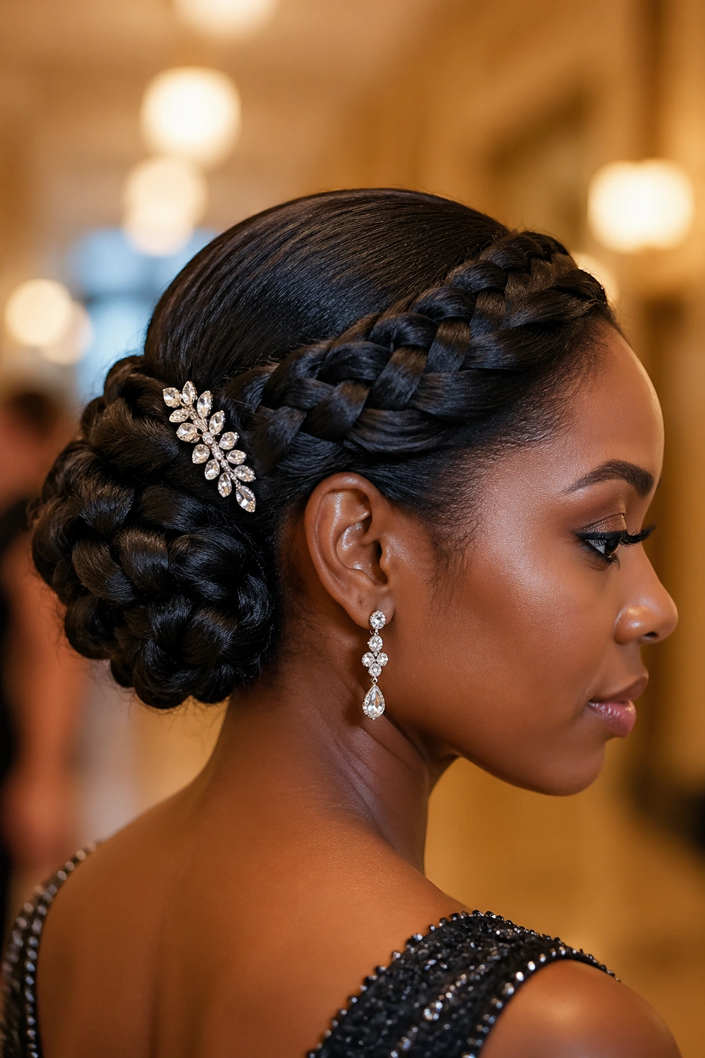 Close-up of a real woman with braided bun and side-swept lace braid accessory