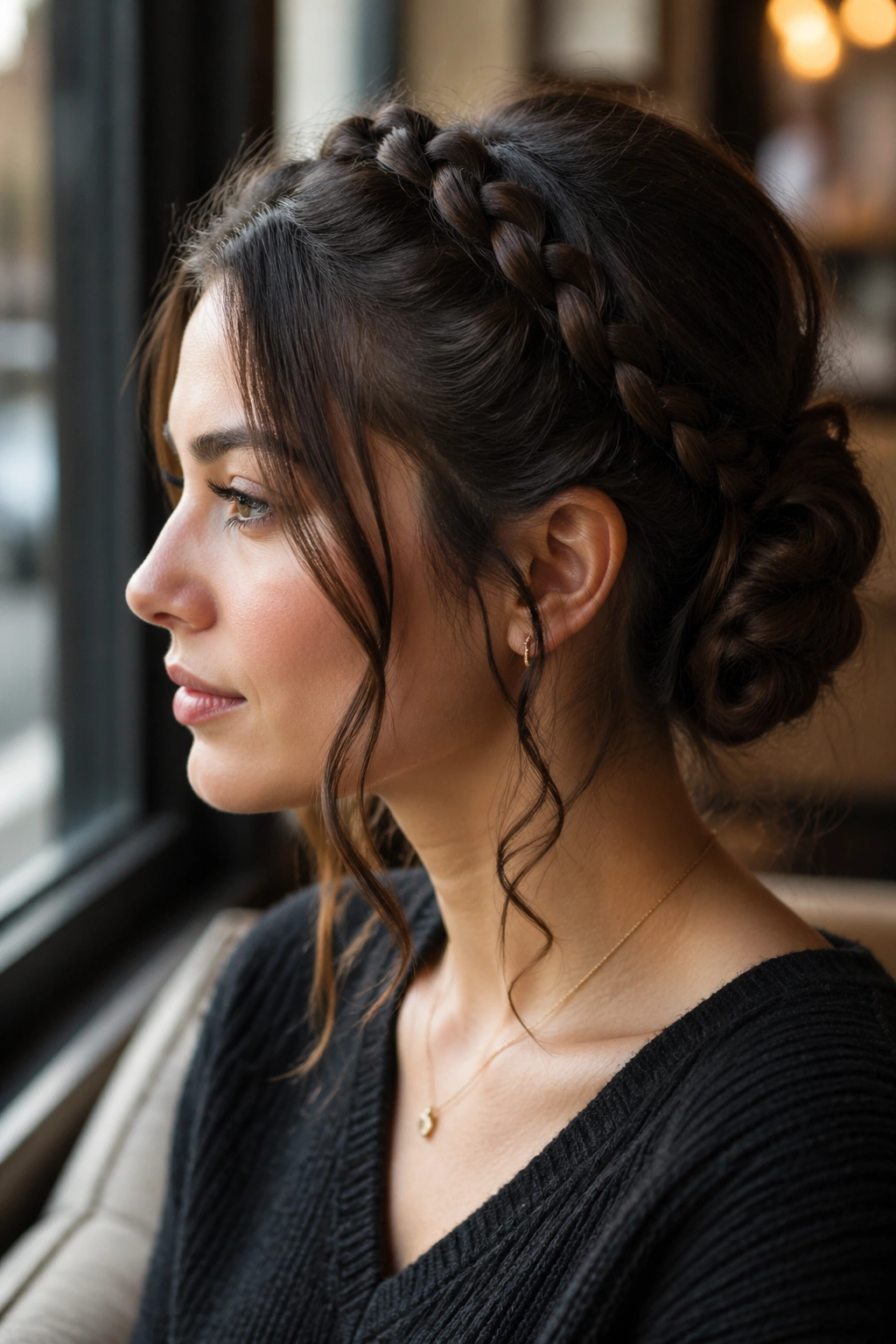 Close-up of a real woman with a braided bun and loose tendrils around the face