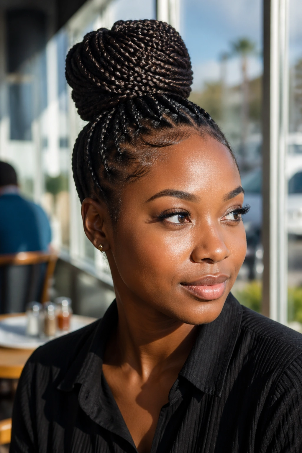 Close-up of a real woman with a braided bun, clean silhouette and tight braids