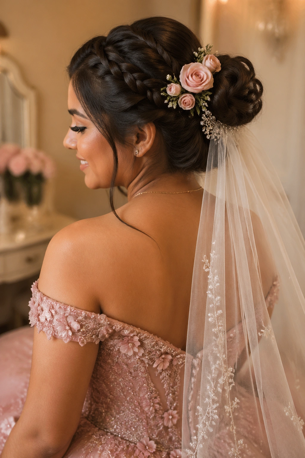 Woman with braided bun, veil, and floral pins