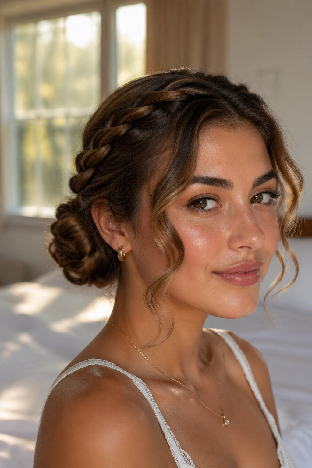 Close-up portrait of a real woman showing braided bun waves hairstyle, soft waves around the face in warm bedroom light