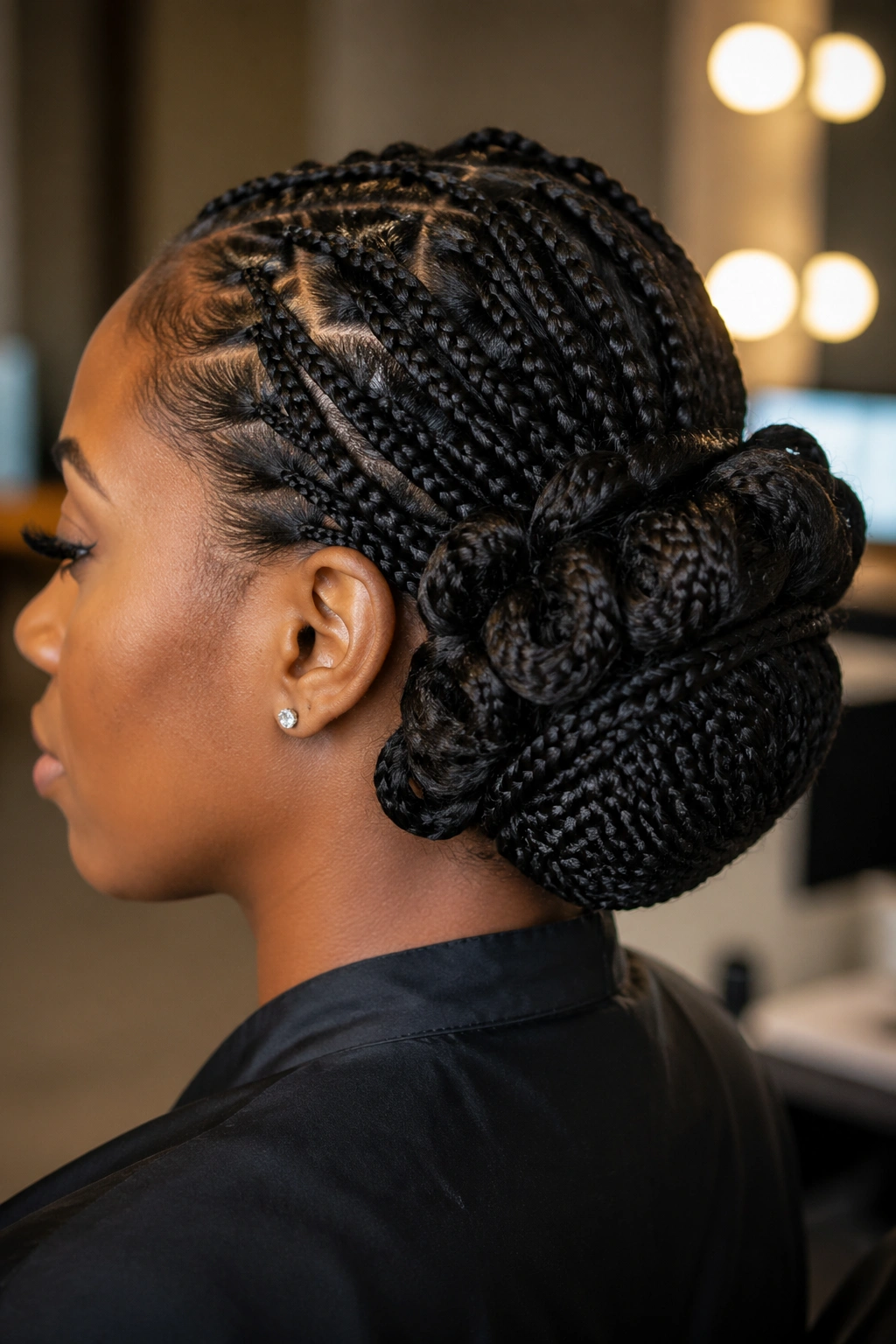 Real person wearing braided chignon with crochet petal curls