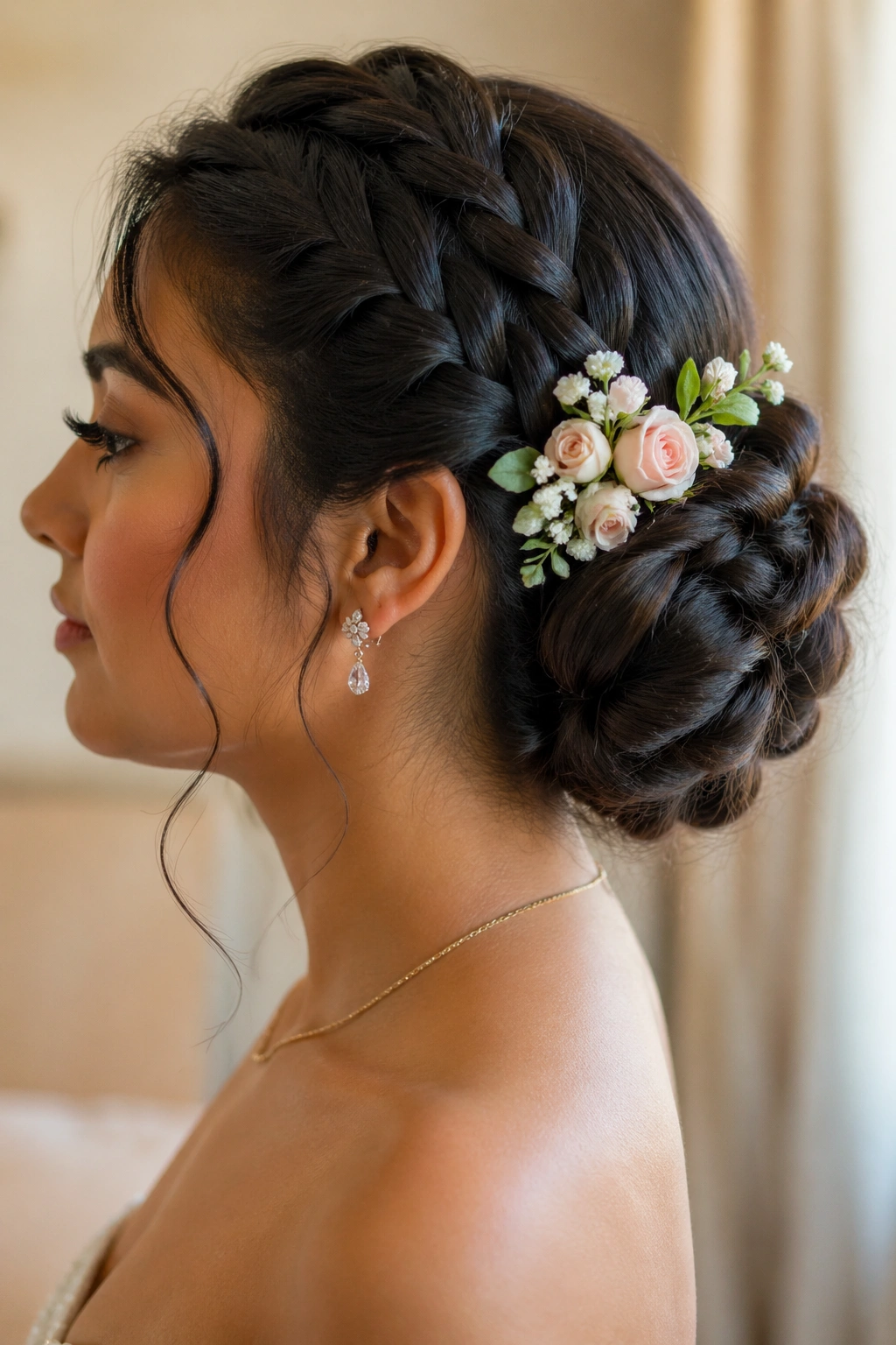 Side profile of woman with braided chignon and floral pins, soft natural light