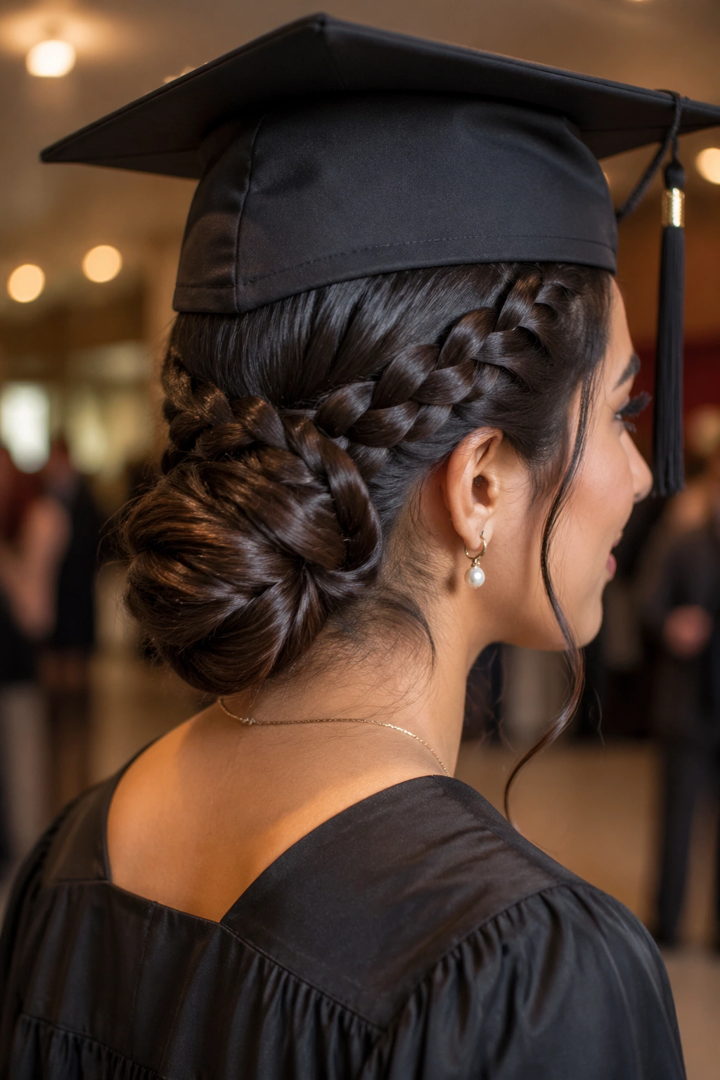 Braided chignon at the nape with an intricate wrap and pins