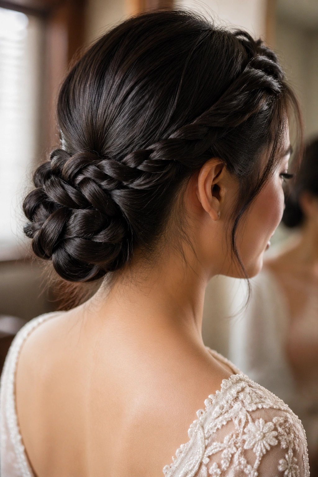 Close-up of a real woman with a low braided chignon in warm natural light