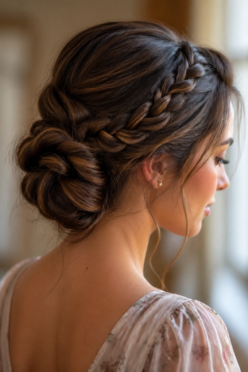 Close-up of a woman with a braided chignon at the nape, ends tucked softly