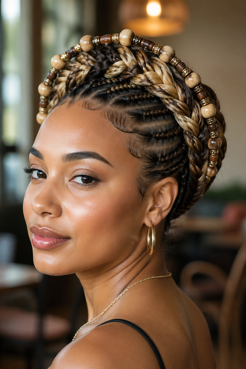 Close-up of a real woman with a braided crown updo and perimeter beads around the crown.