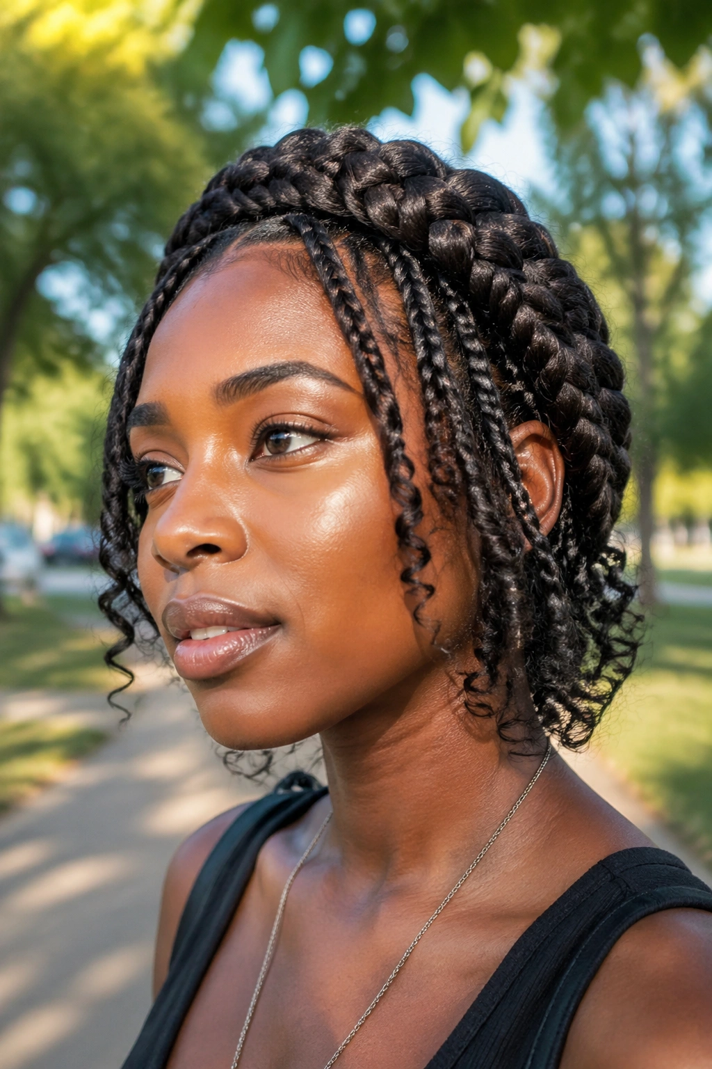 Close-up of a real woman with a braided crown and curly ends around the crown and at the nape.