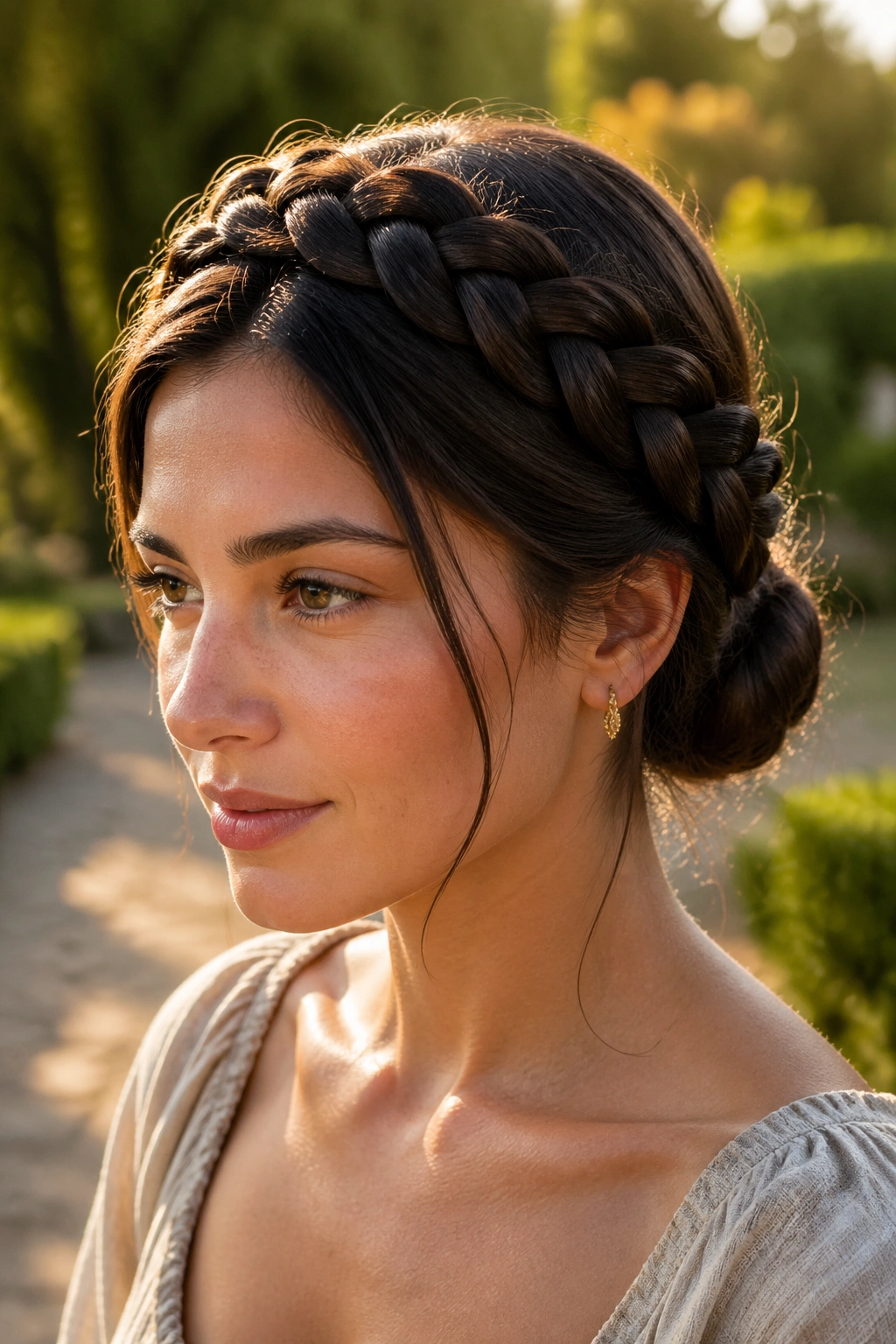 Close-up of two braids forming a crown into a low bun on long hair