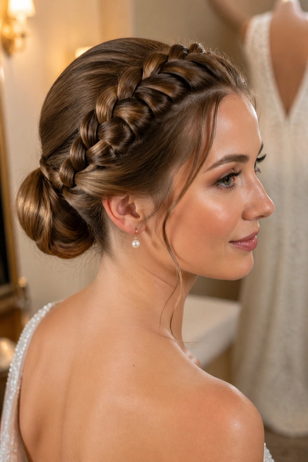 Close-up of a woman with braided crown transitioning into a bun at the back