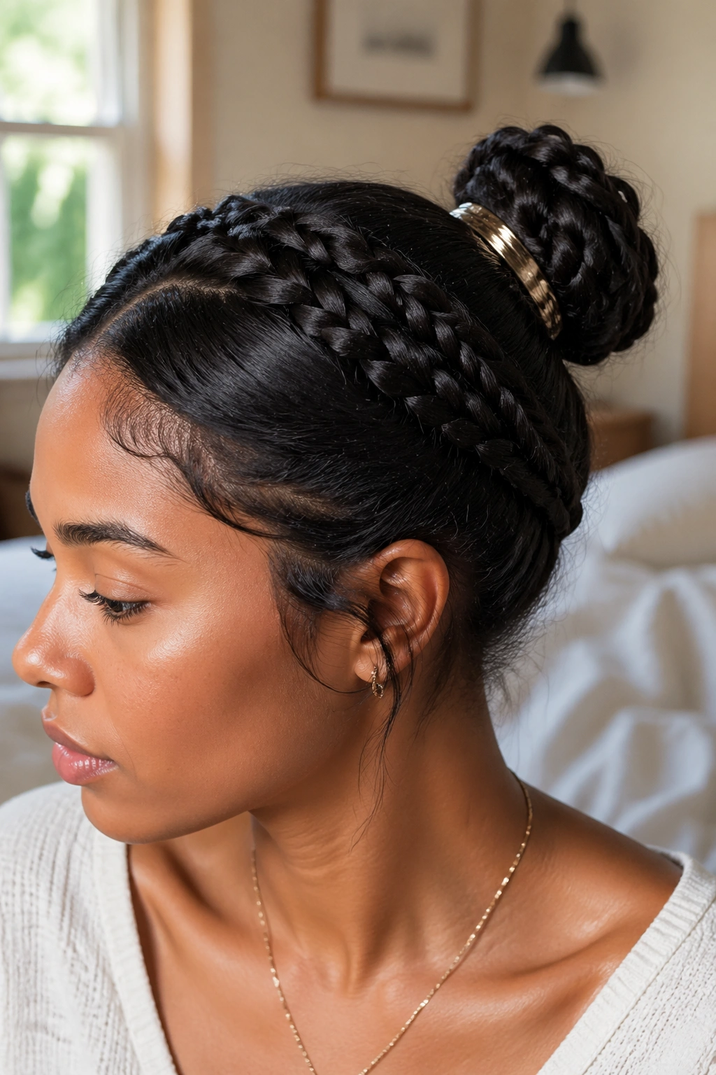 Close-up of a real woman wearing a braided crown bun with wrapped ends in warm window light