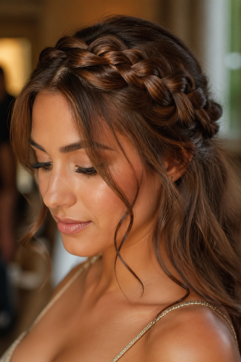 Close-up of a real woman wearing a braided crown with chestnut gloss.
