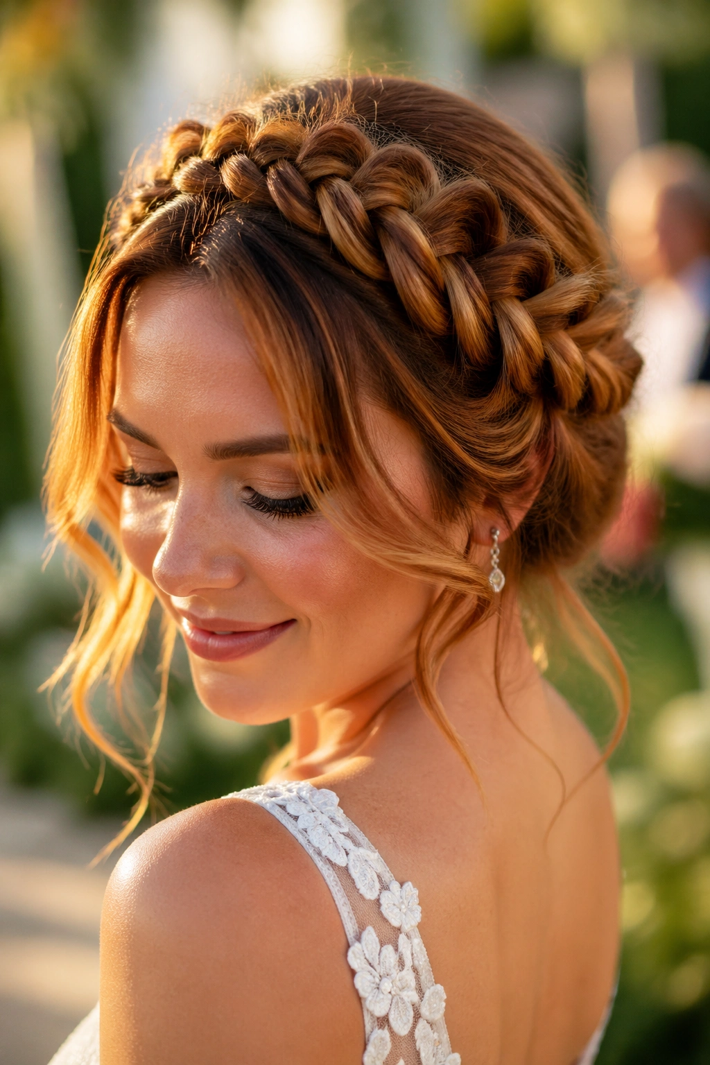 Close-up of a real woman with a crown braid and copper balayage.