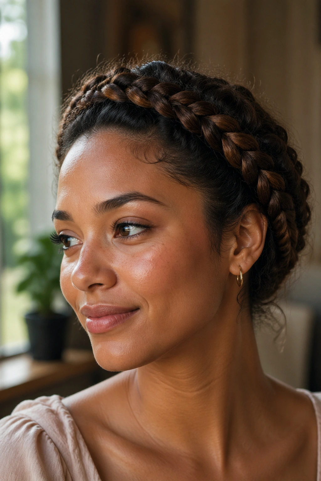 Close-up of a real person with a braided crown along the hairline