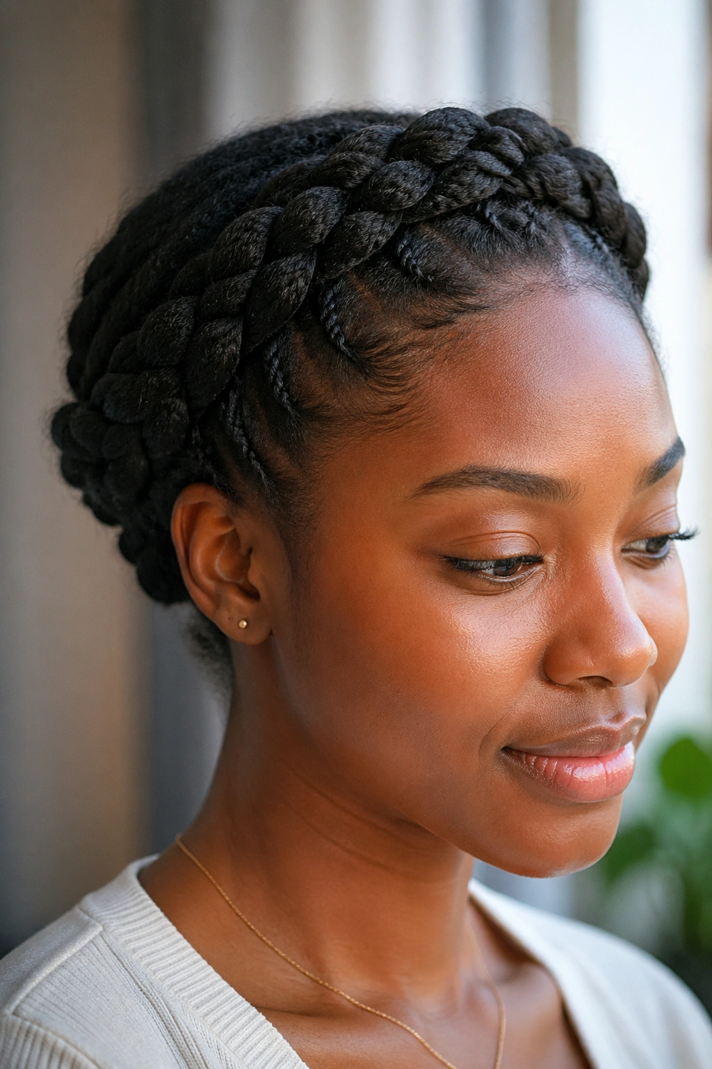 Close-up of a braided crown with twisted ends on a real person.