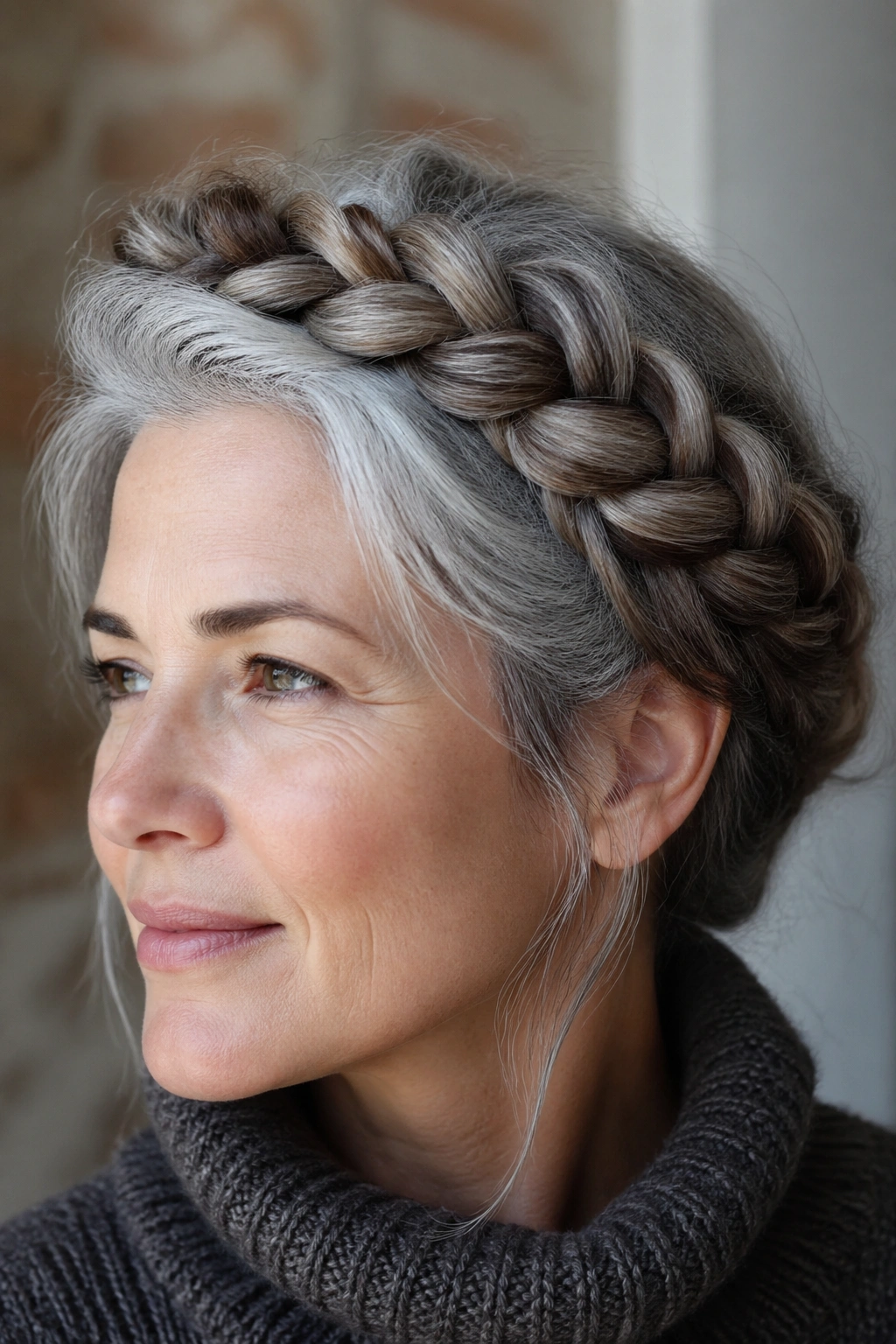 Close-up of a real woman with a braided crown showing smoky brown depth through gray hair