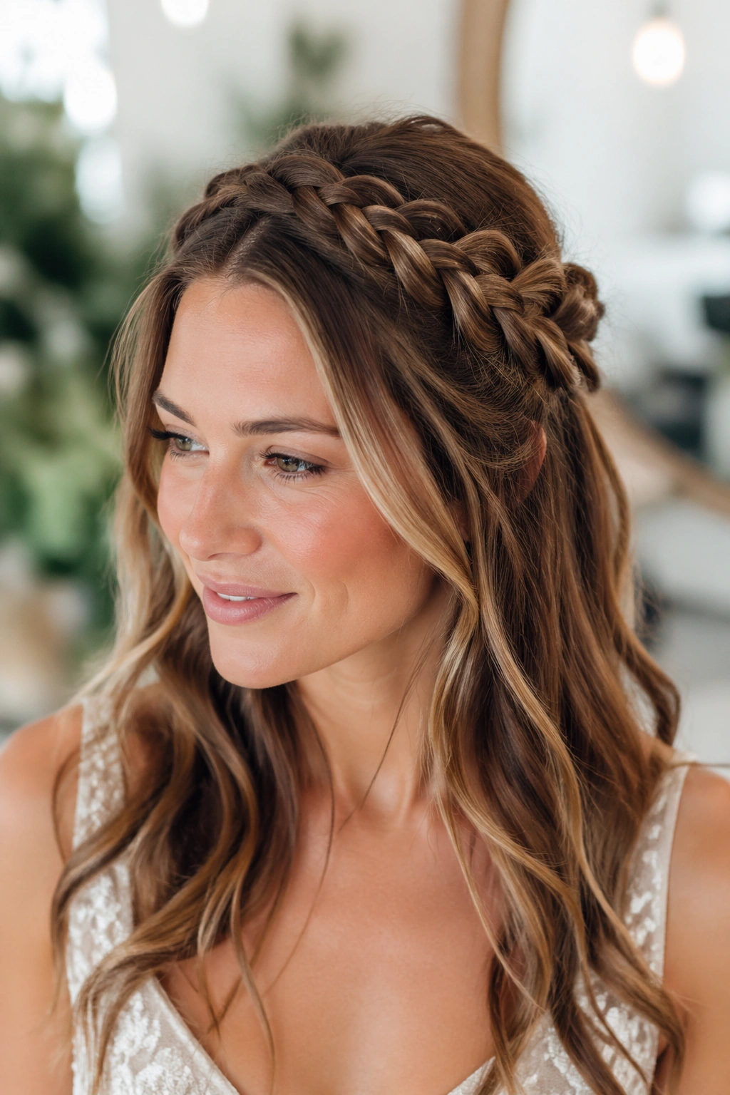 Real woman with braided crown half-up hairstyle, crown braids framing the face.
