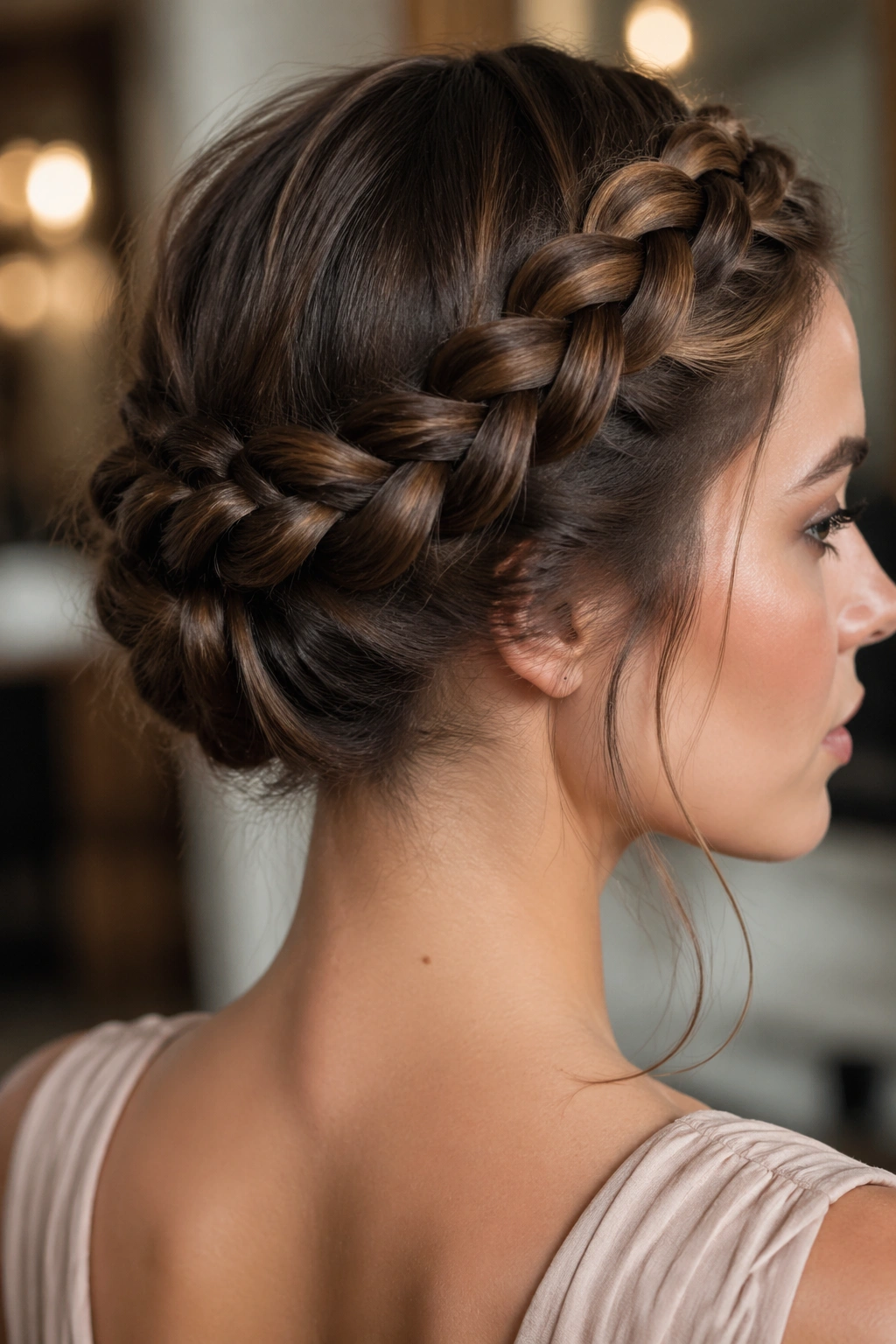 Close-up of a real woman wearing a braided crown with a hidden elastic base