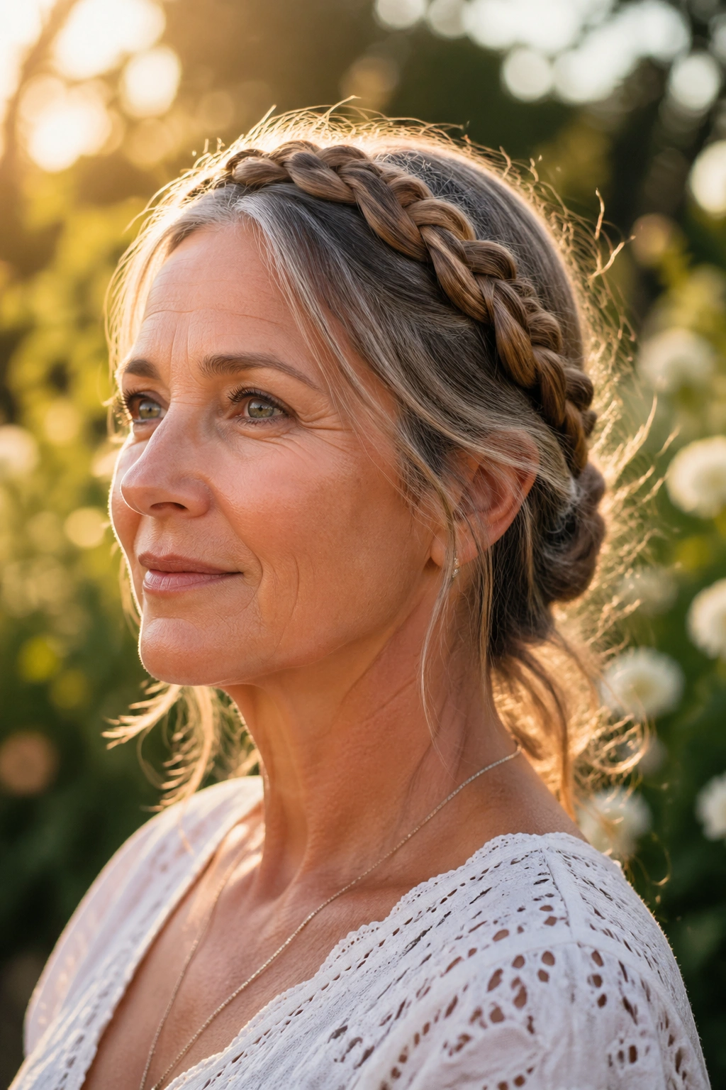 Close-up portrait of a real woman wearing a braided crown with loose ends.