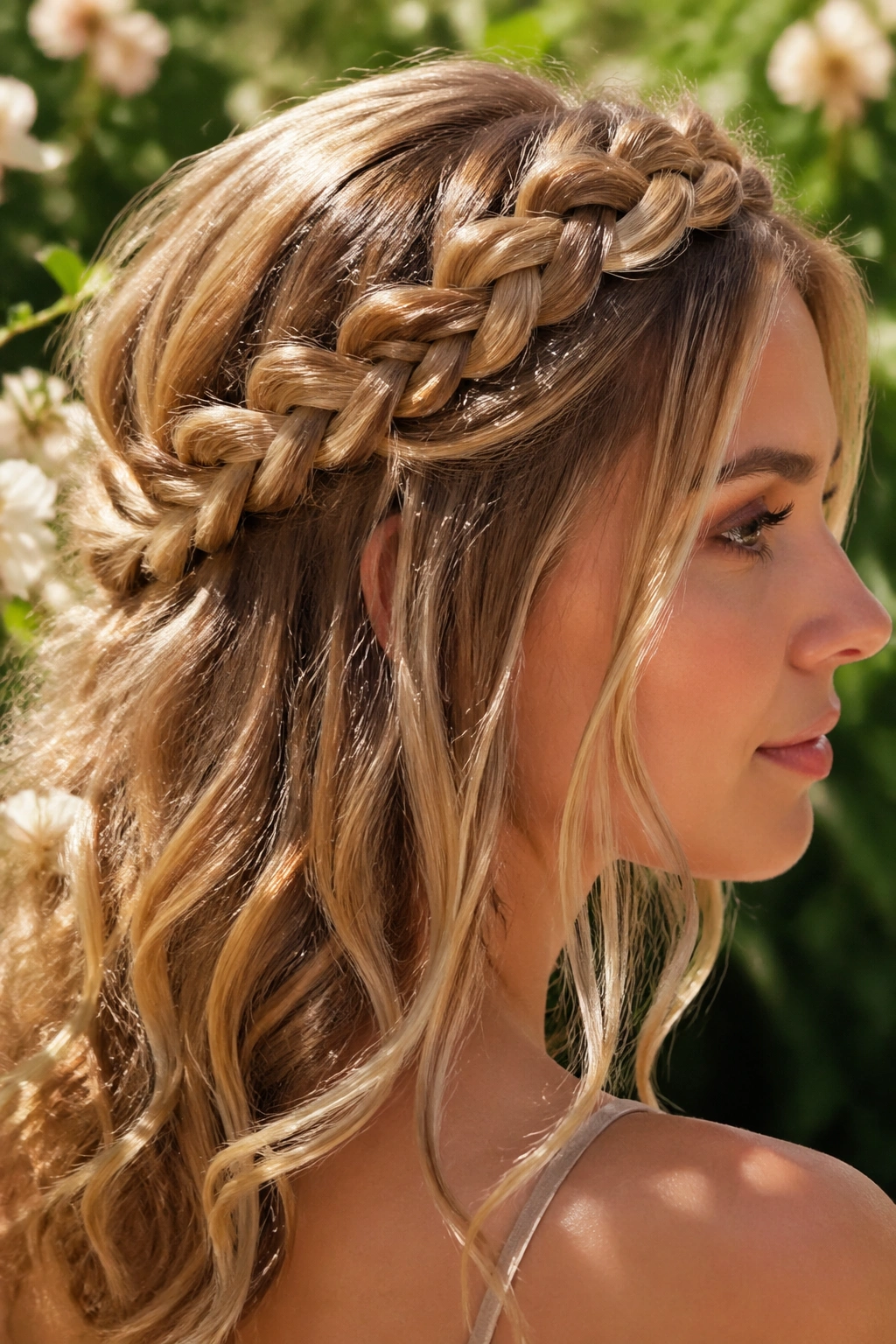 Profile of braided crown with loose ends on a real woman