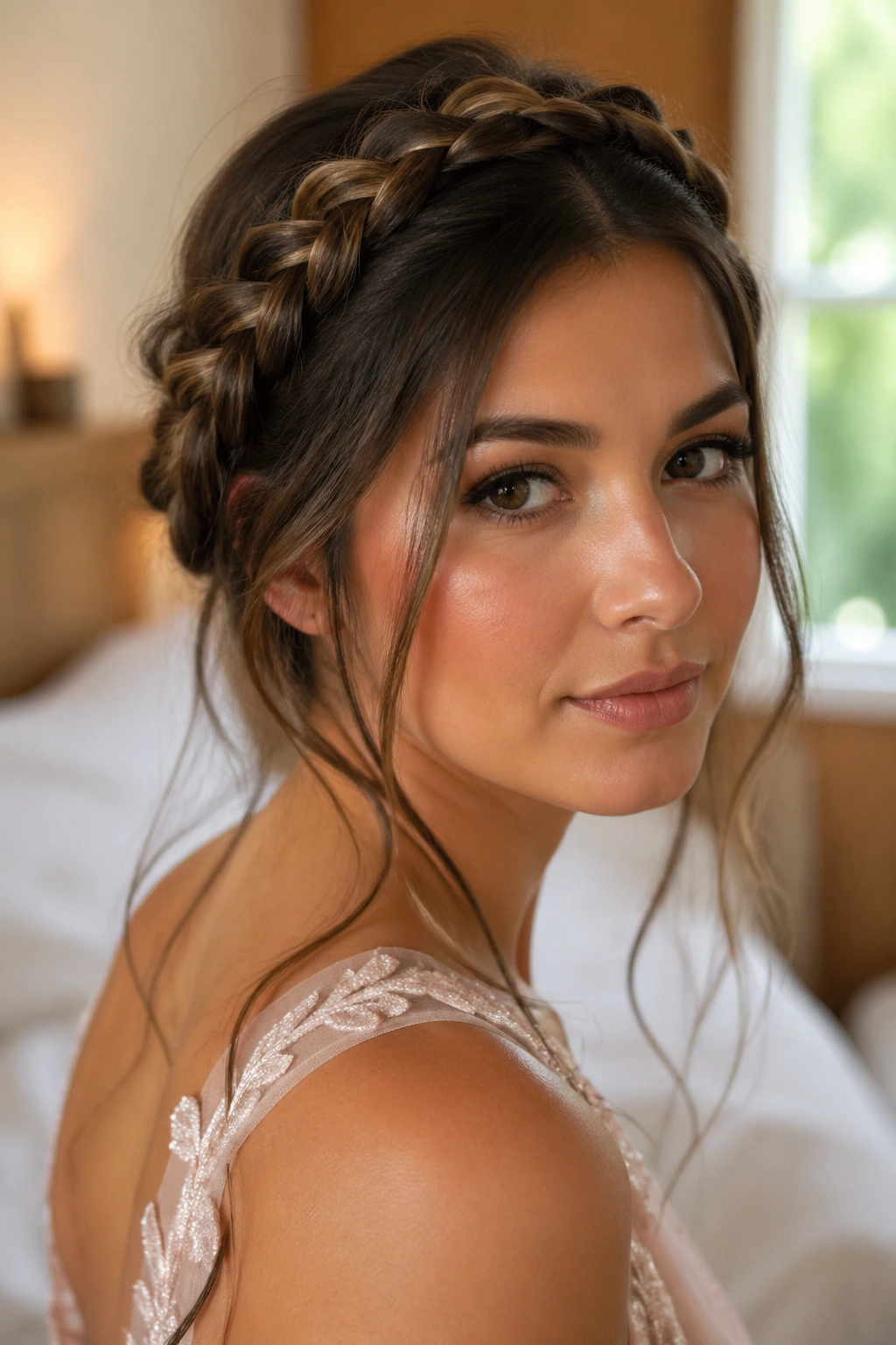 Close-up of real woman wearing a braided crown with loose ends in warm window light.