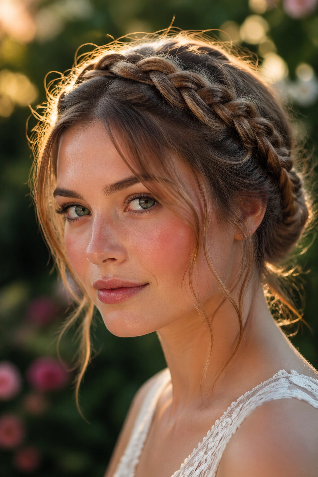 Close-up of a real woman with a braided crown and loose front pieces in a garden at golden hour