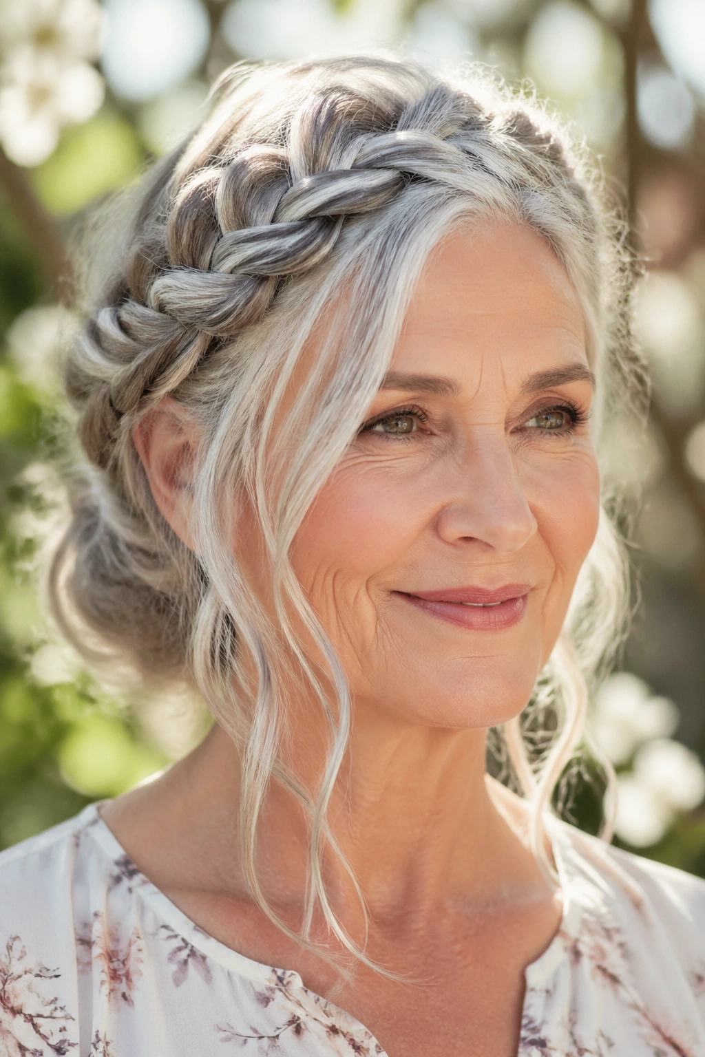 Close-up of a real woman with a braided crown and loose face-framing strands