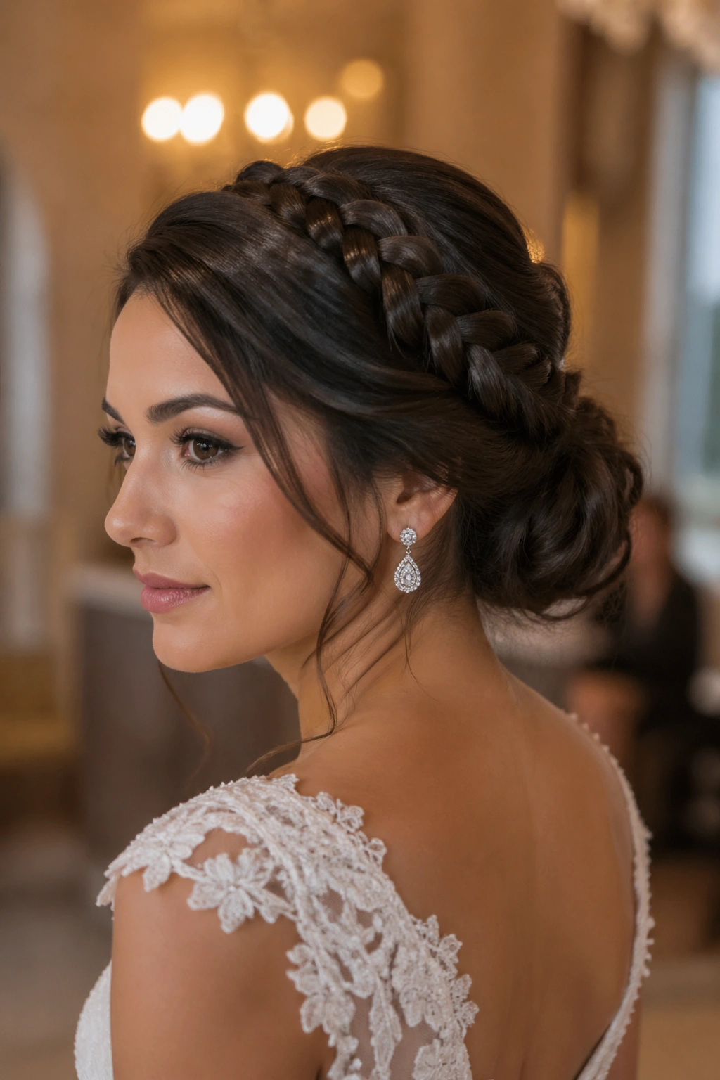 Bride with braided crown and low bun hybrid hairstyle