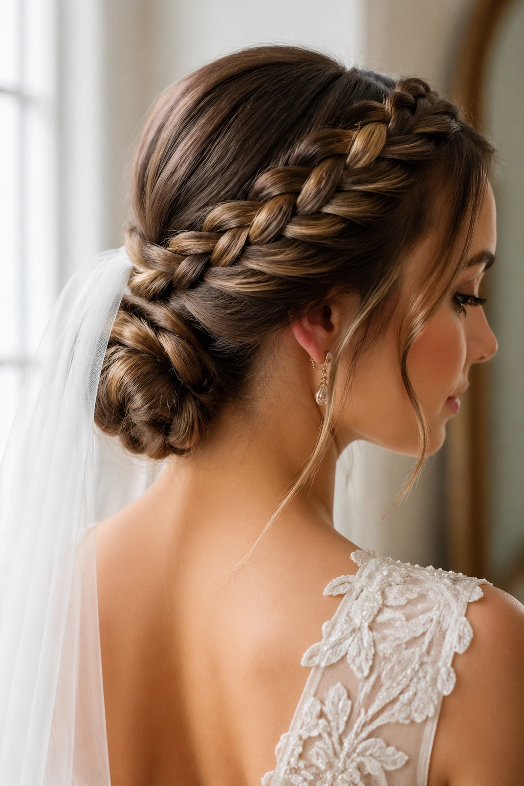 Bride wearing a braided crown with a low knot, close-up