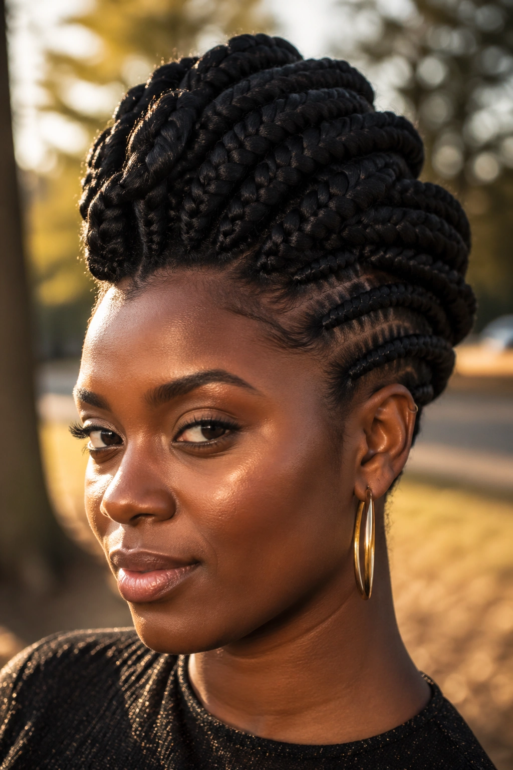 Close-up of a real Black woman wearing a crown-like braided mohawk outdoors at golden hour.