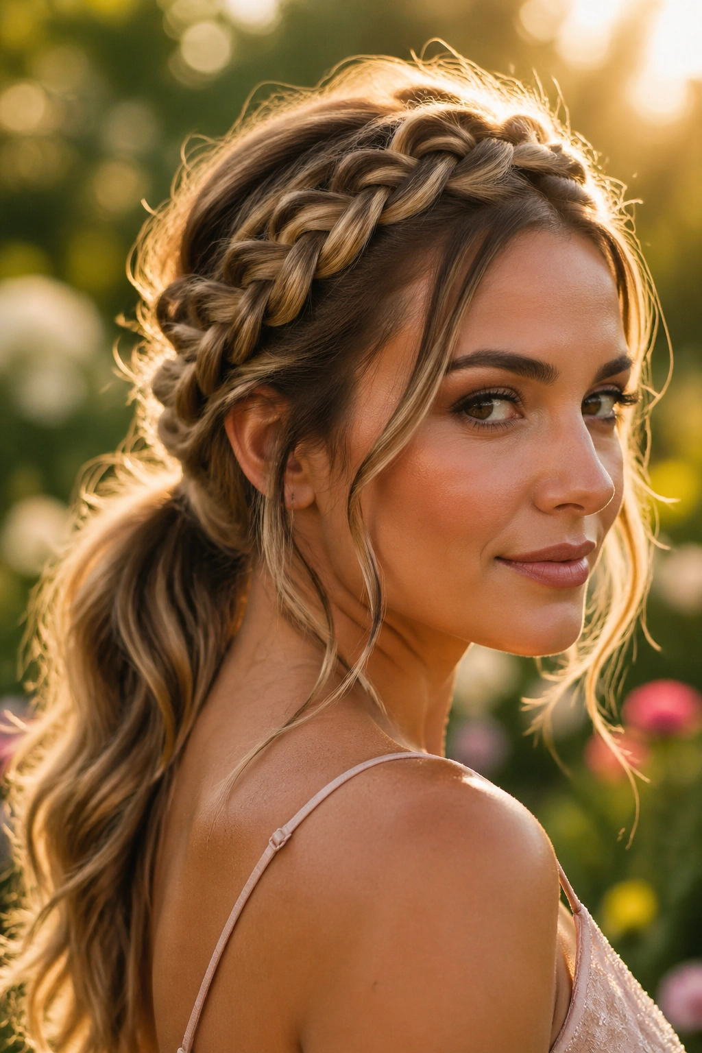 Close-up of a real woman wearing a braided crown that transitions into a ponytail in a garden.