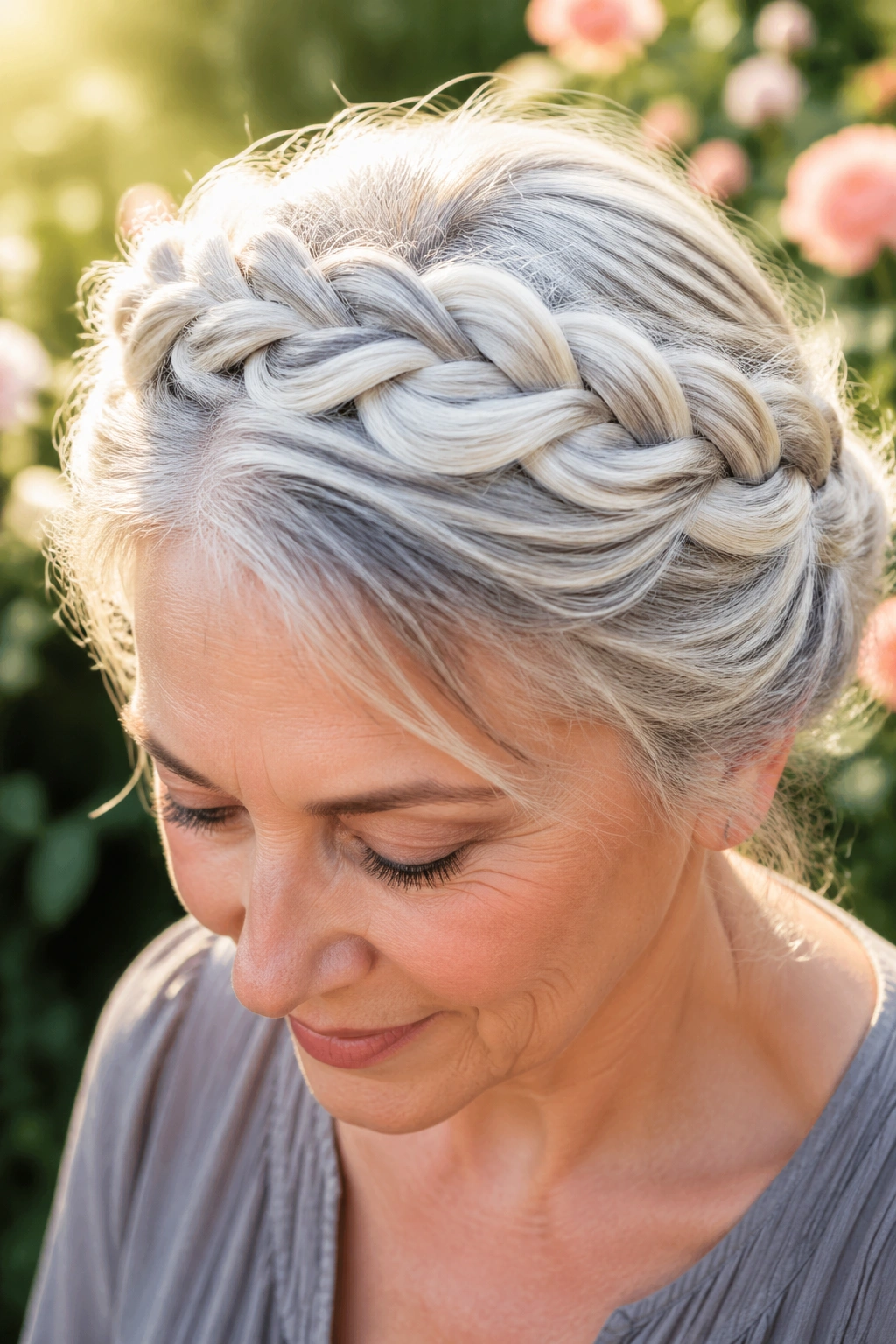 Close-up of real woman with braided crown in garden light