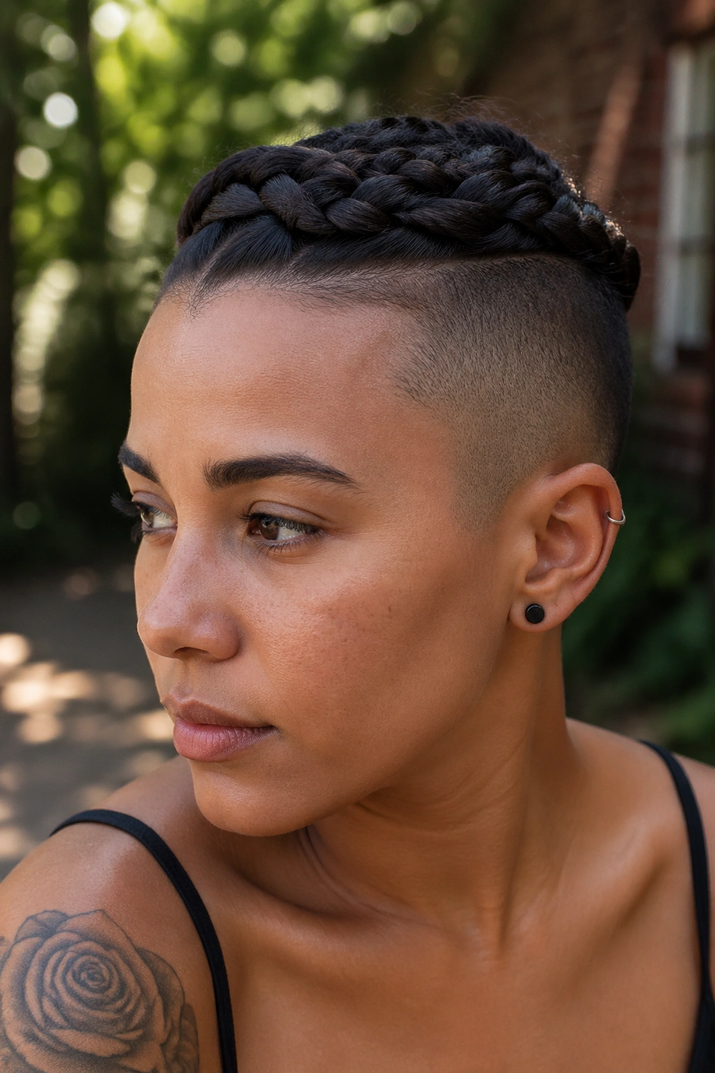 Medium close-up of a real woman with braided crown and shaved sides, outdoor soft sunlight.