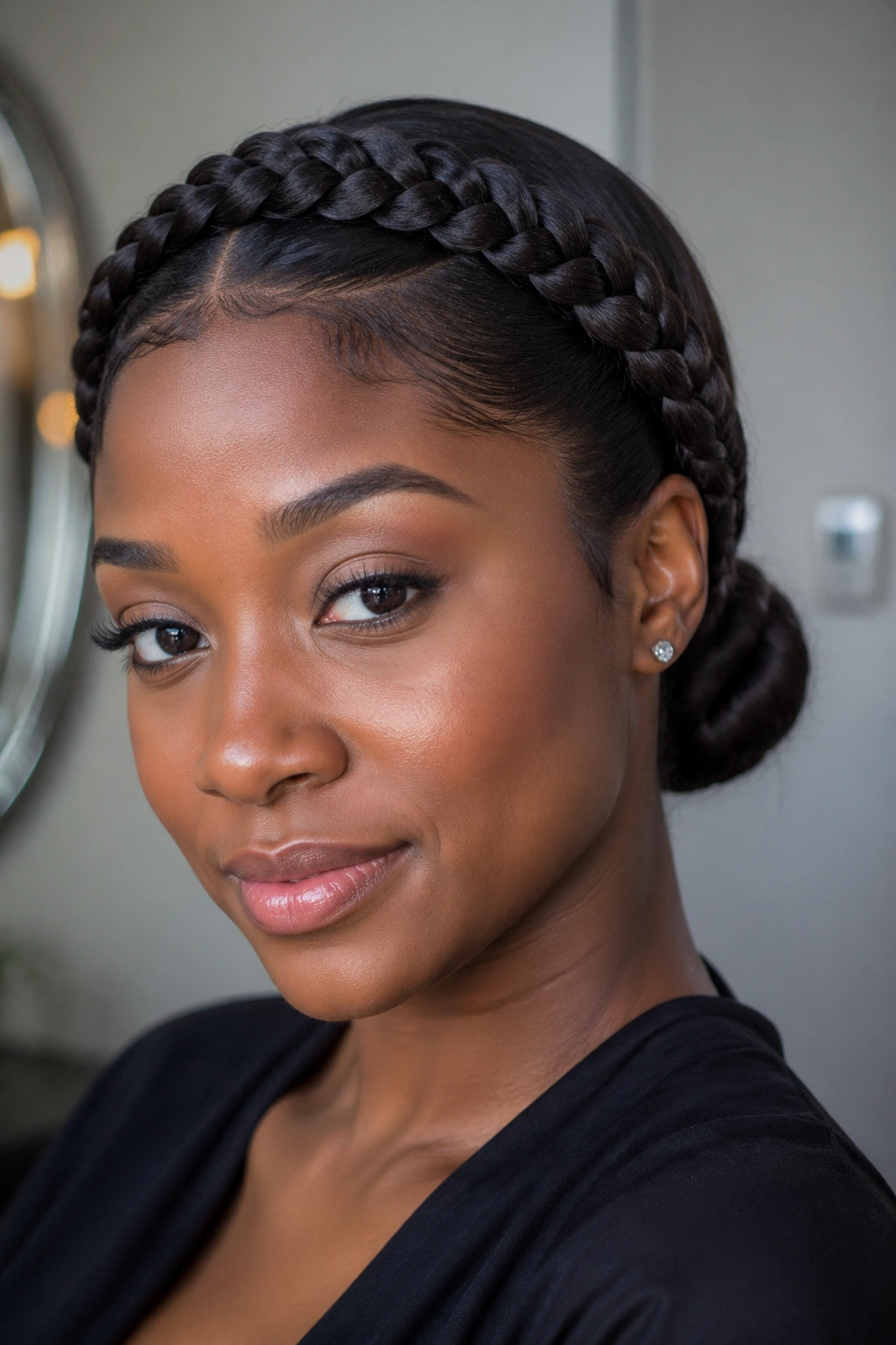 Real person with a braided crown and a sleek low bun photographed in soft daylight