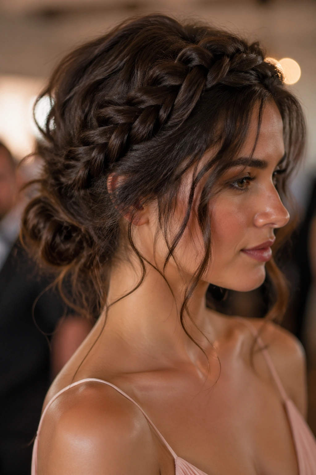 Portrait of a real woman with a loose braided crown framing the head in warm light.