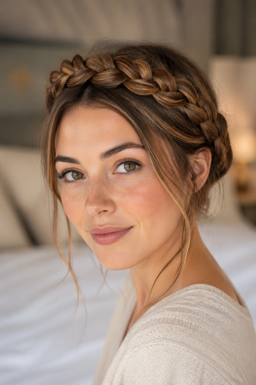 Close-up of a real woman wearing a crown braid with tucked ends