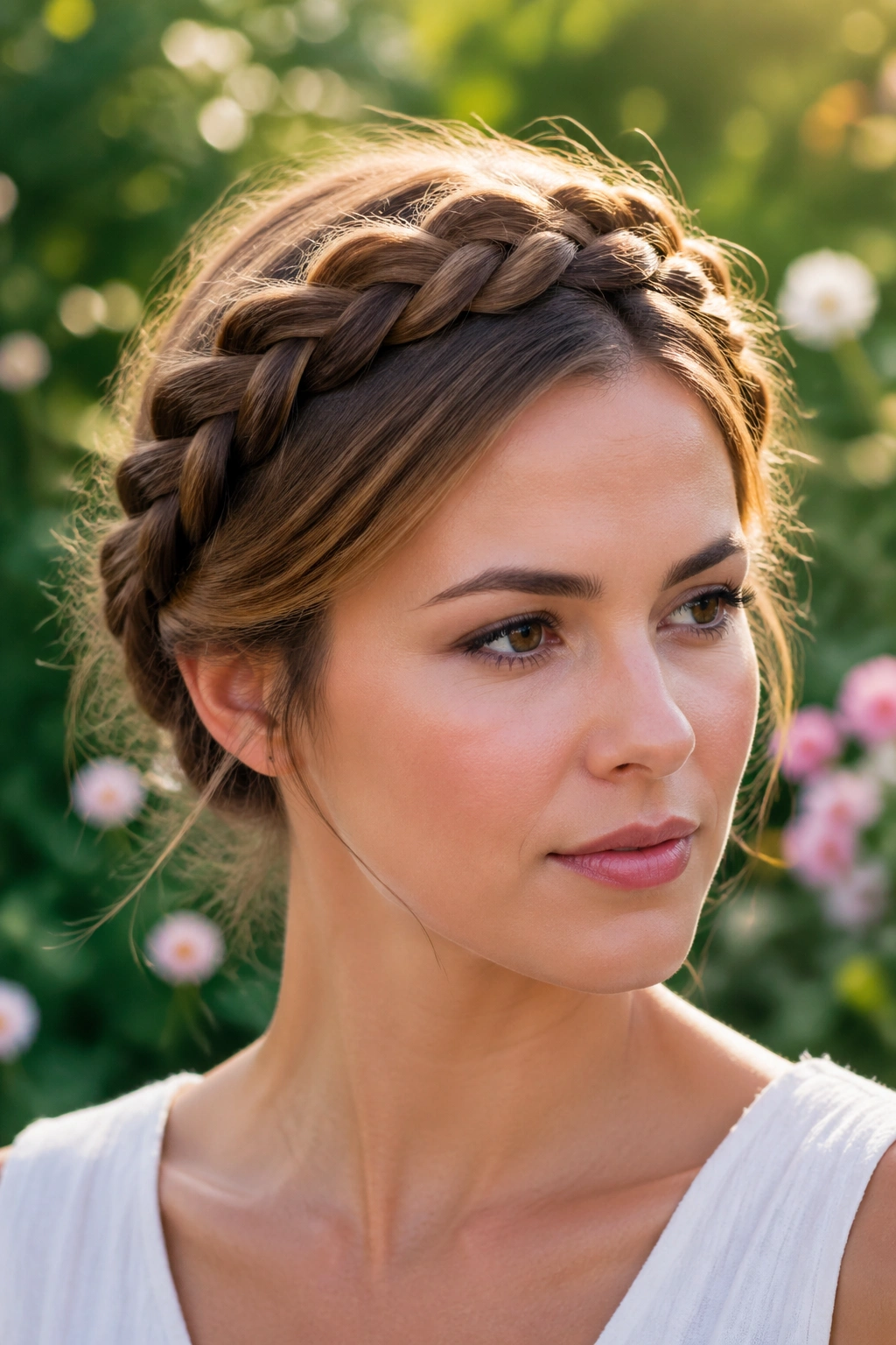 Close-up of crown braid around head on real woman in garden sunlight