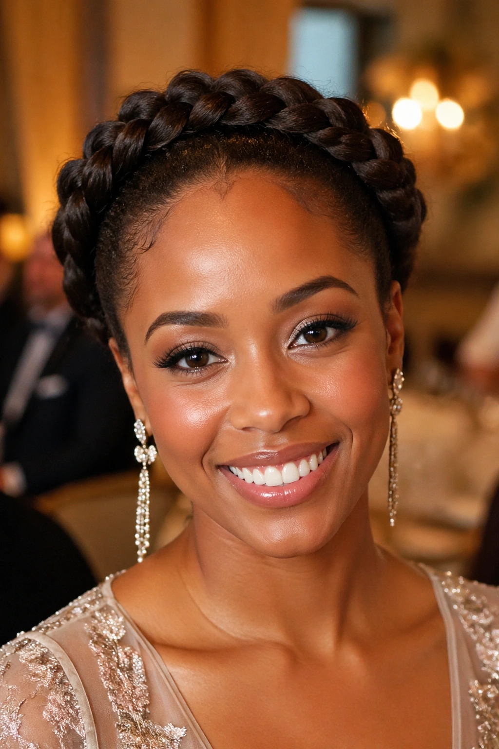 Close-up portrait of a real woman with a braided crown updo in warm indoor light