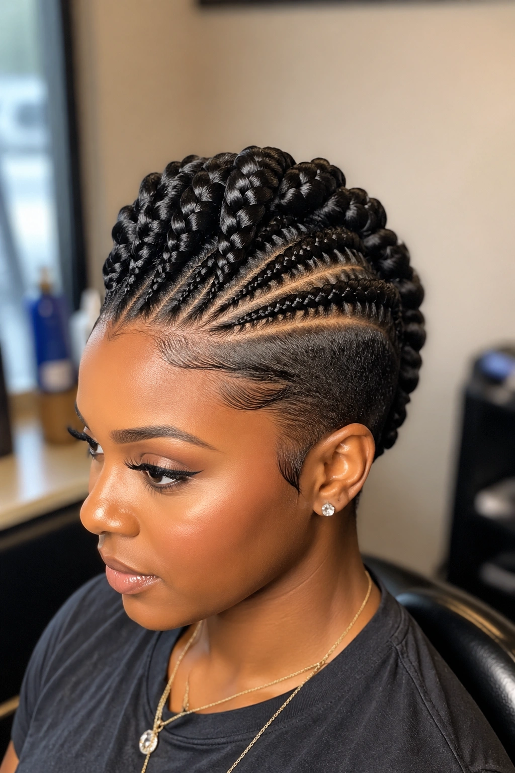 Close-up portrait of a real person with braided faux hawk hairstyle featuring a central ridge and slick sides in warm light