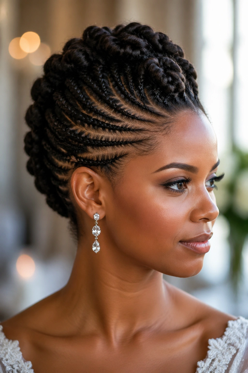 Close-up of a real person with a braided faux hawk updo