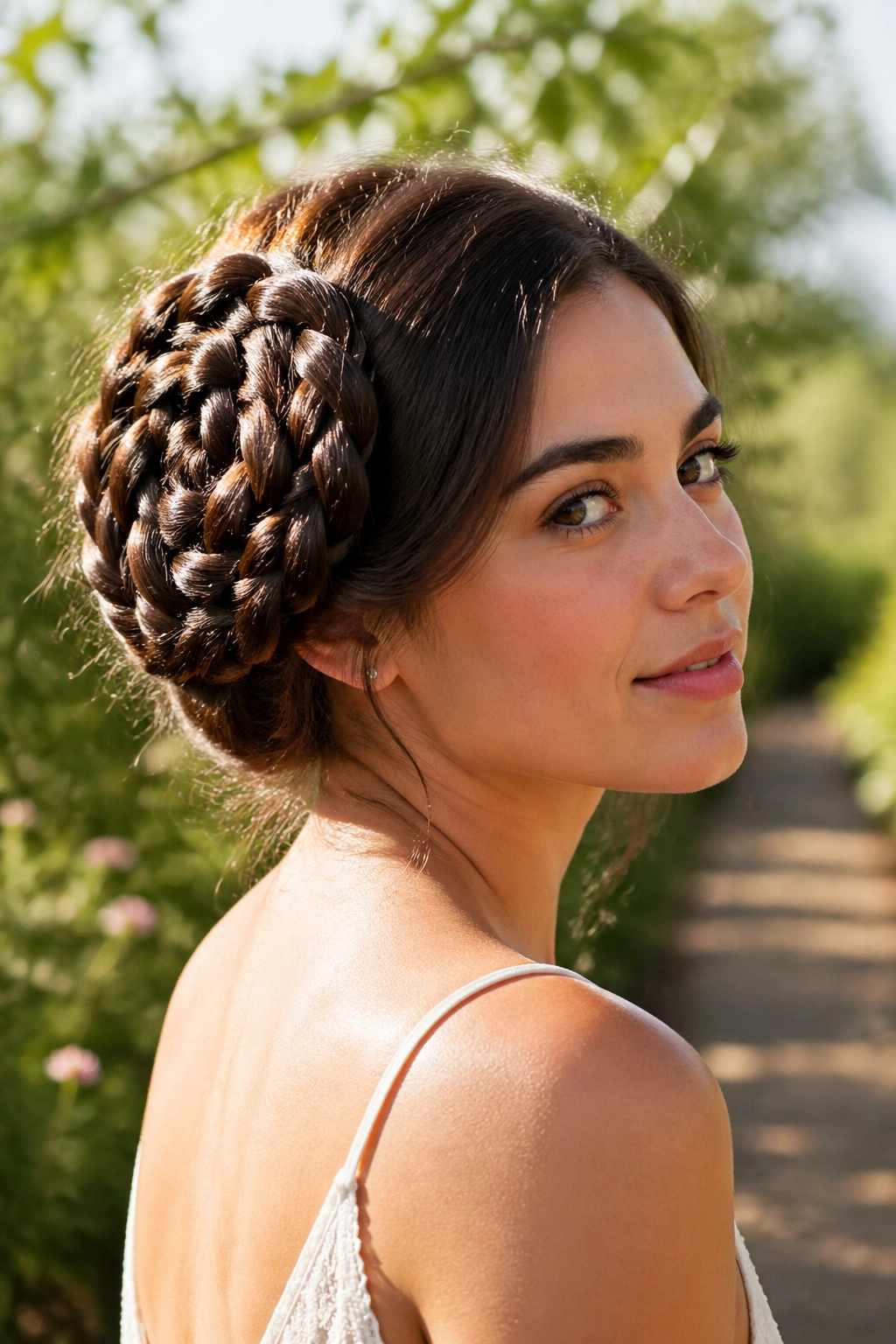 Close-up of a real woman with a flower-like circular braid halo at the back