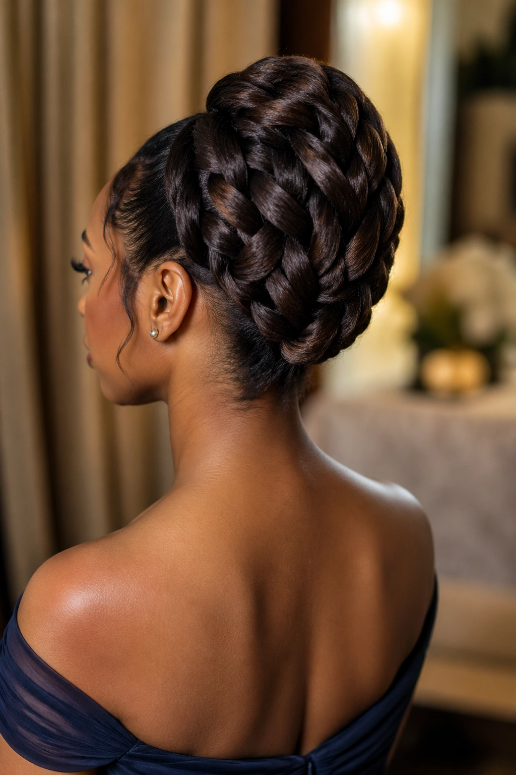 Back view of a real woman with a braided French twist