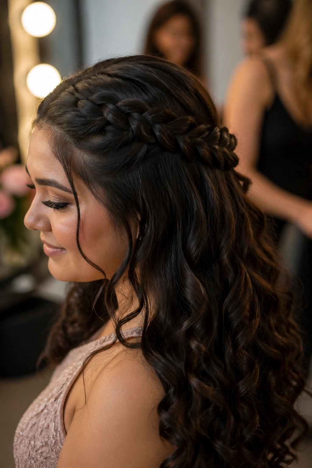 Close-up of real woman's head with braided half-up half-down hairstyle
