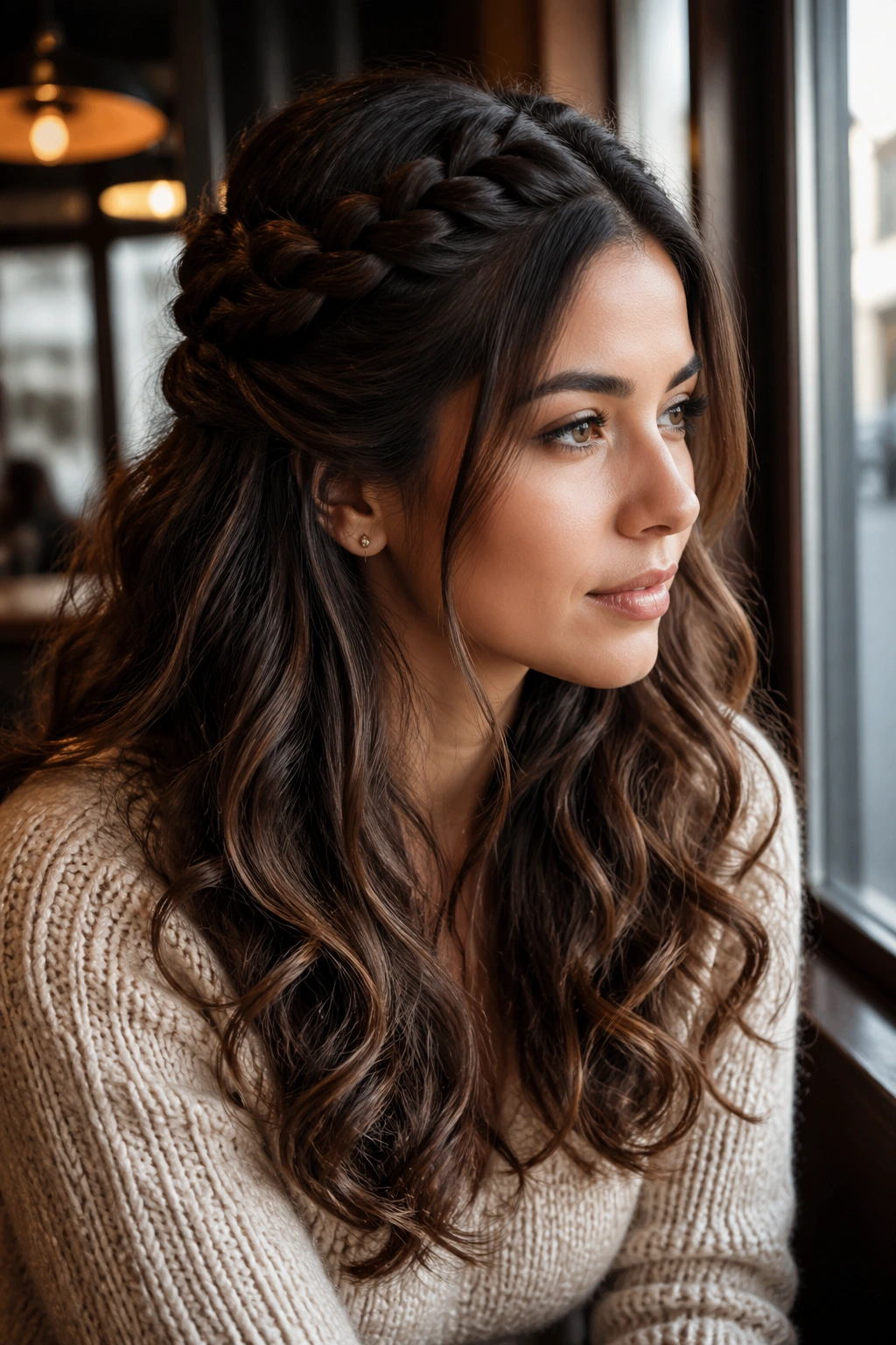 Close-up of real woman with braided half-up and loose curls.