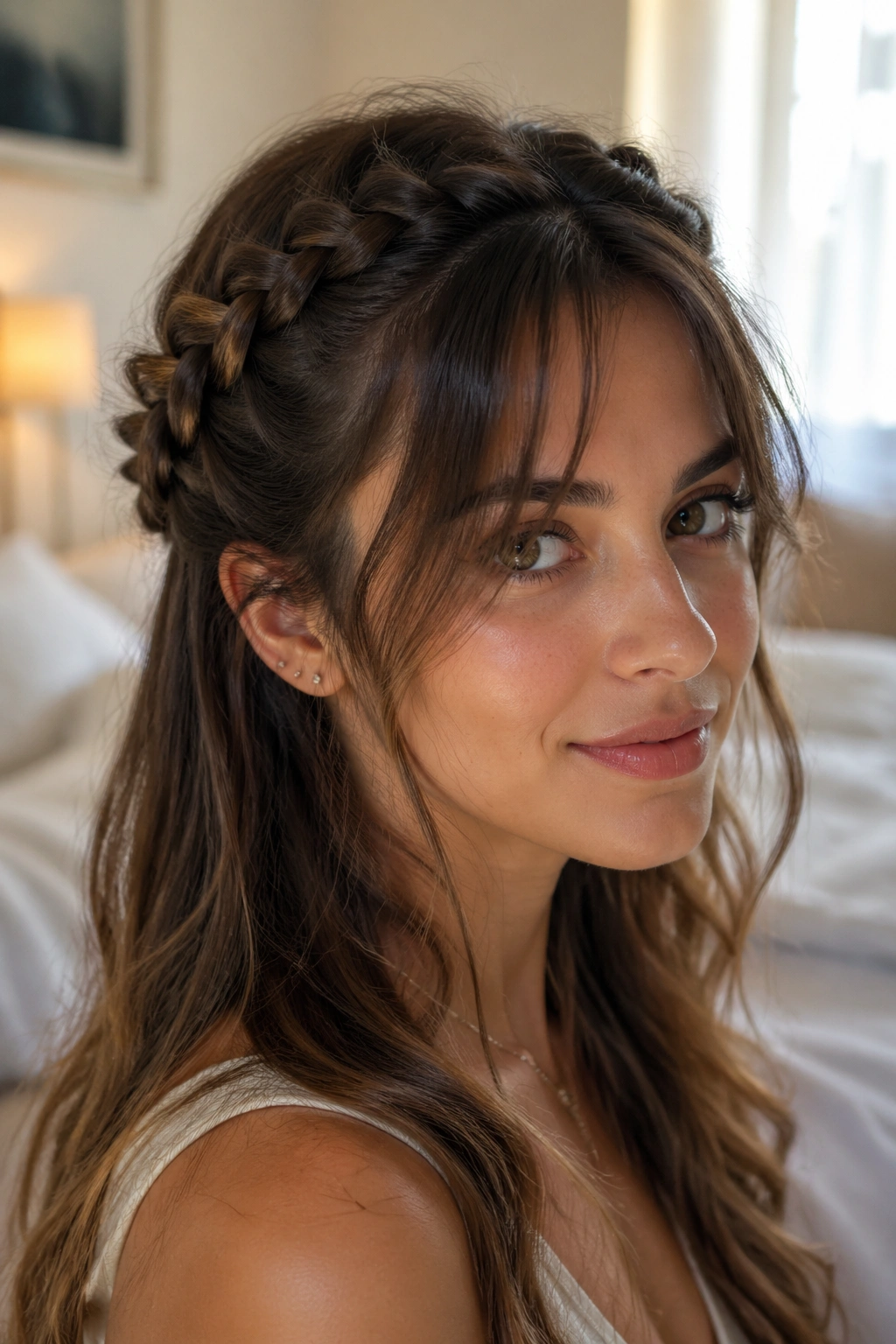 Real woman with half-up braided halo and airy front pieces