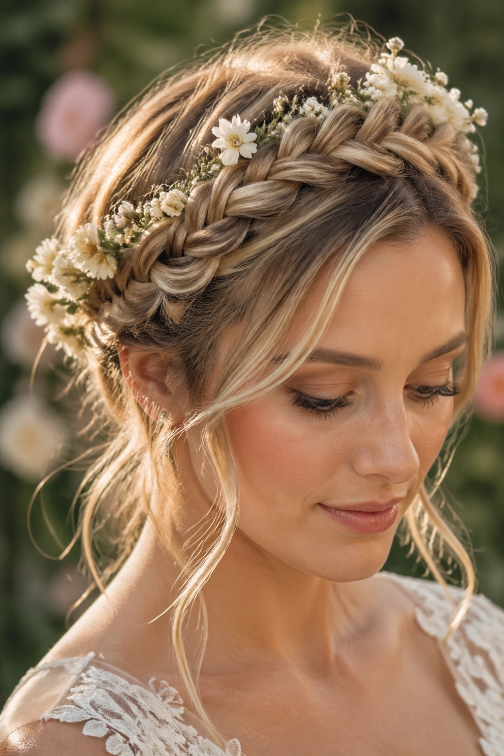 Bride with braided halo and tiny fresh flowers