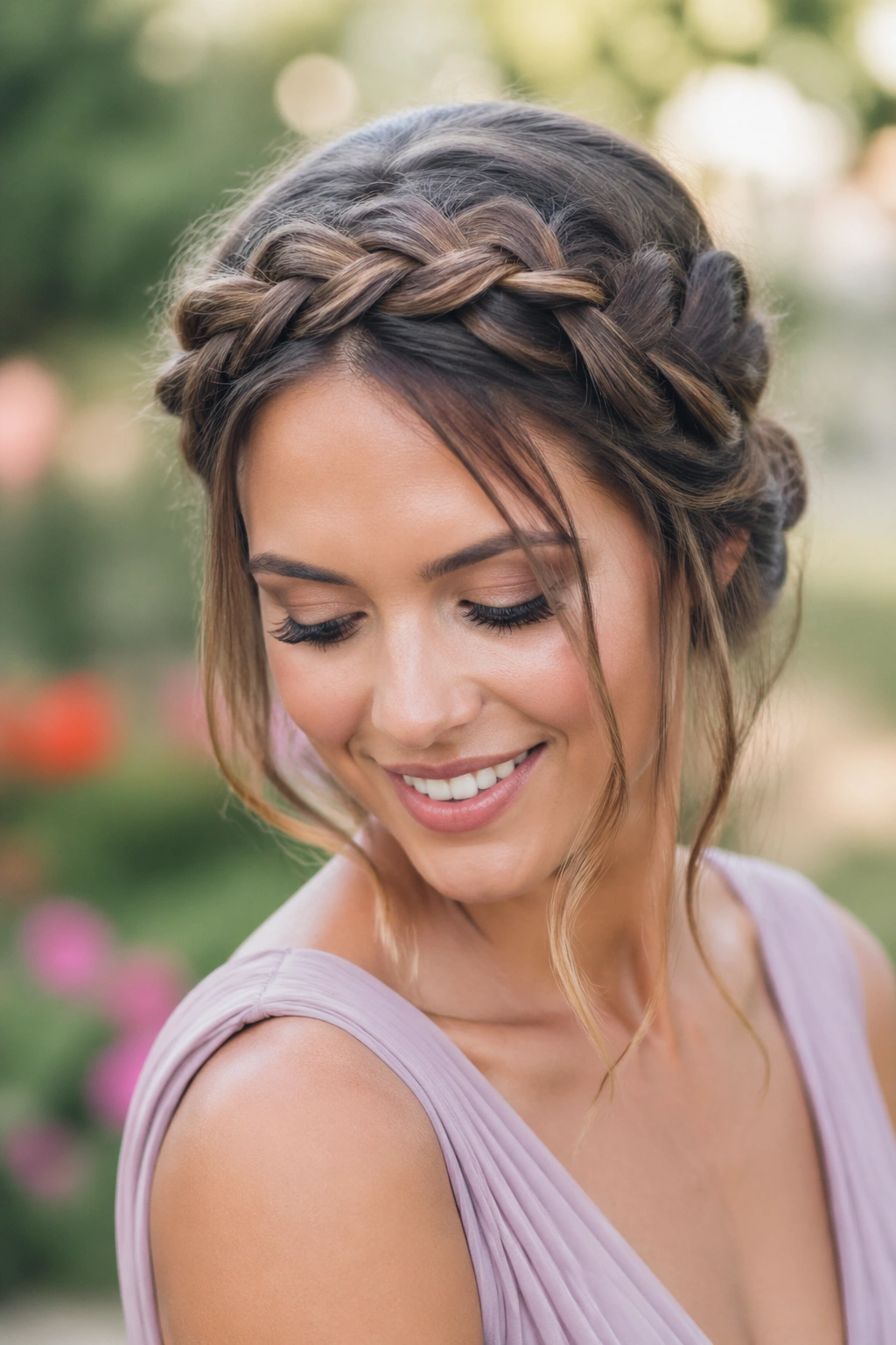 Close-up of a real woman with a braided halo and soft ends